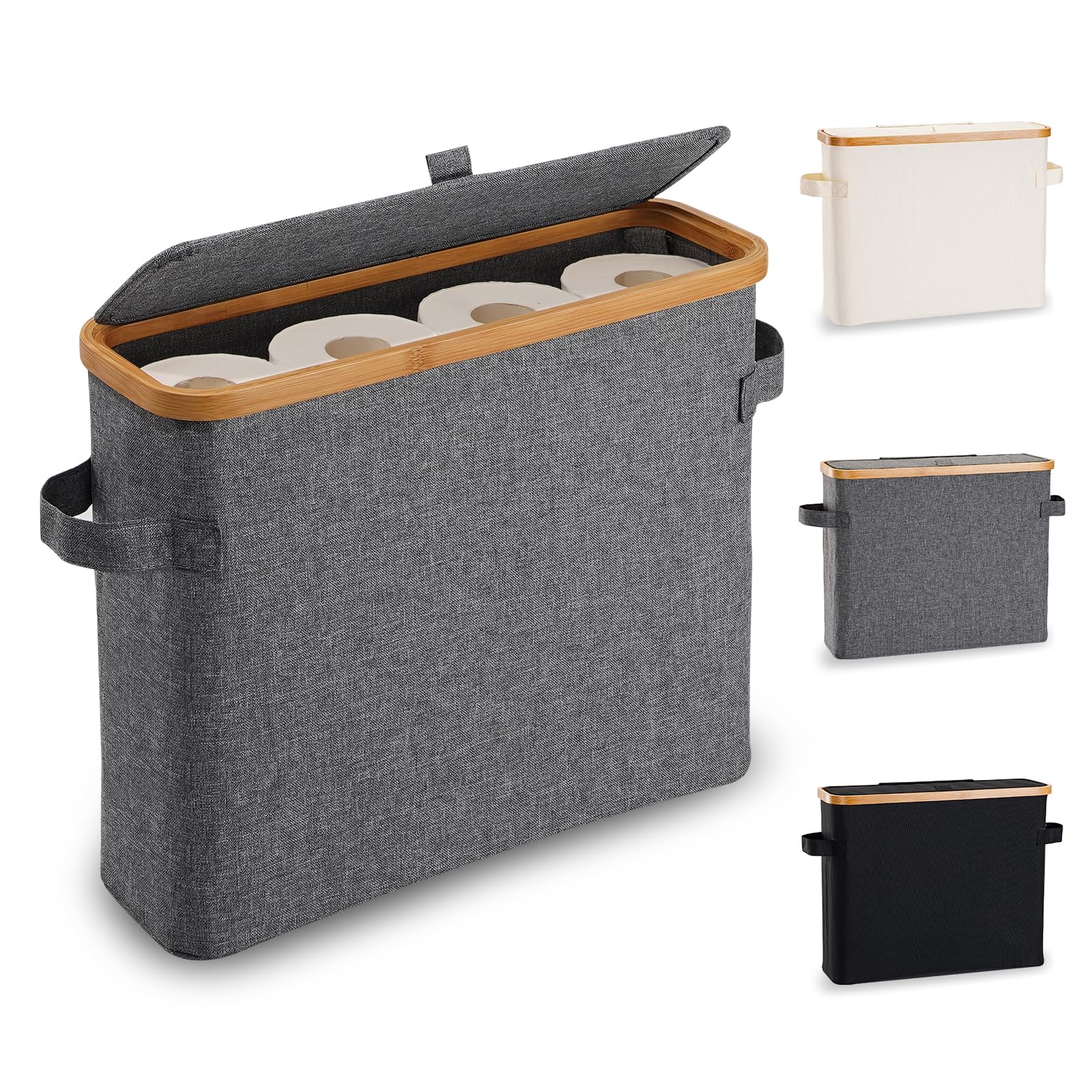 Toilet Roll Holder Storage Stand, Toilet Roll Storage Basket with Lid, Bamboo Toilet Roll Storage Holder Organiser Free Standing for Bathroom Cabinet, Toilet Roll Storage Box Unit Organizer, Gray