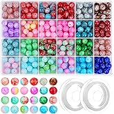 360pcs 10mm Glass Beads for Bracelet Making and Jewelry Making, 24 Colors Marble Crystal Pattern Stone Beads Round Gemstone Beads for Earring Necklace Bracelet and Jewelry Making