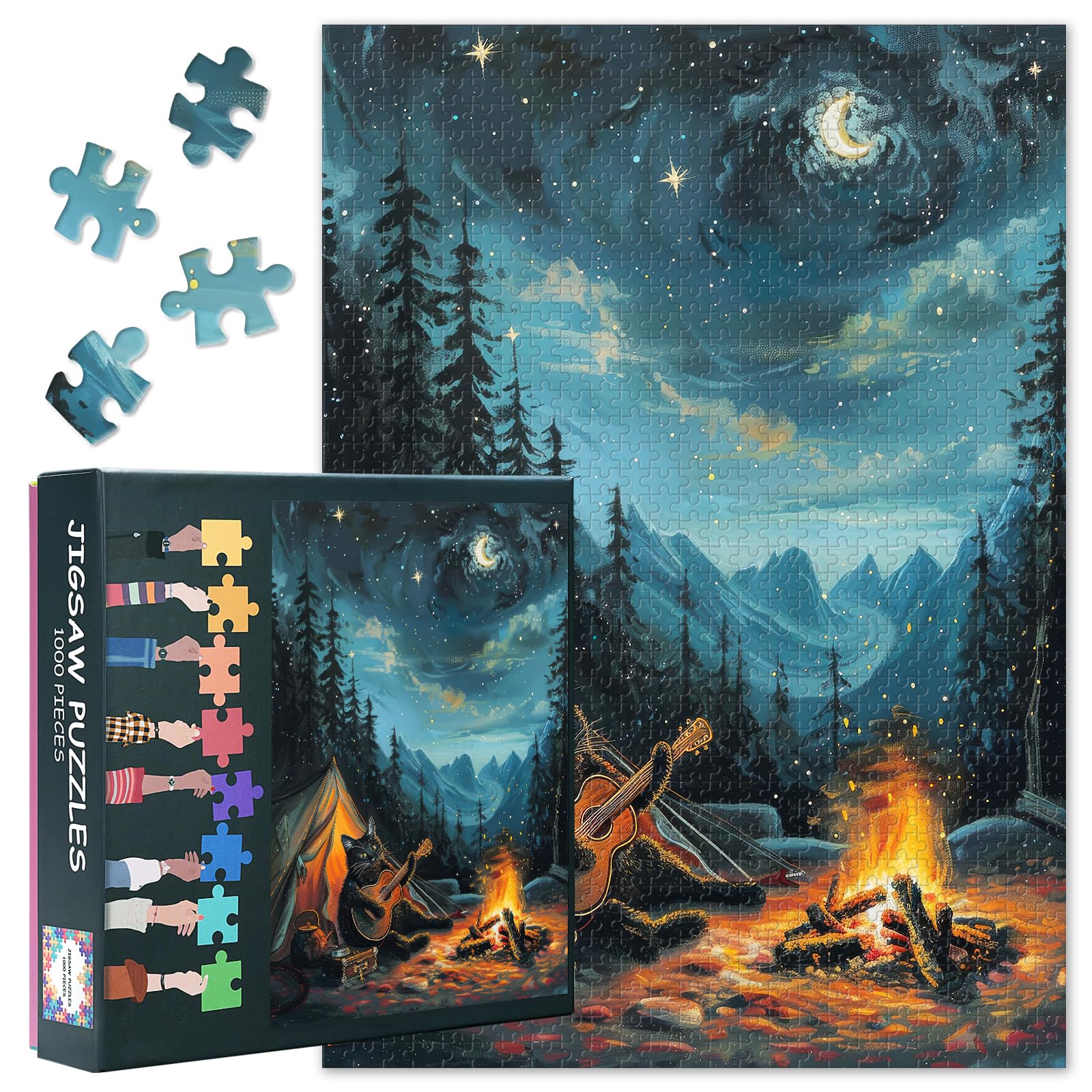 Black Cat Playing Guitar Jigsaw Puzzles 1000 Pieces for Adults - Camping Under the Starry Sky - 1000 Piece Puzzle for Adults Tent Campfire Puzzle Vibrant Nighttime Artwork Finished Size: 20x27 Inch