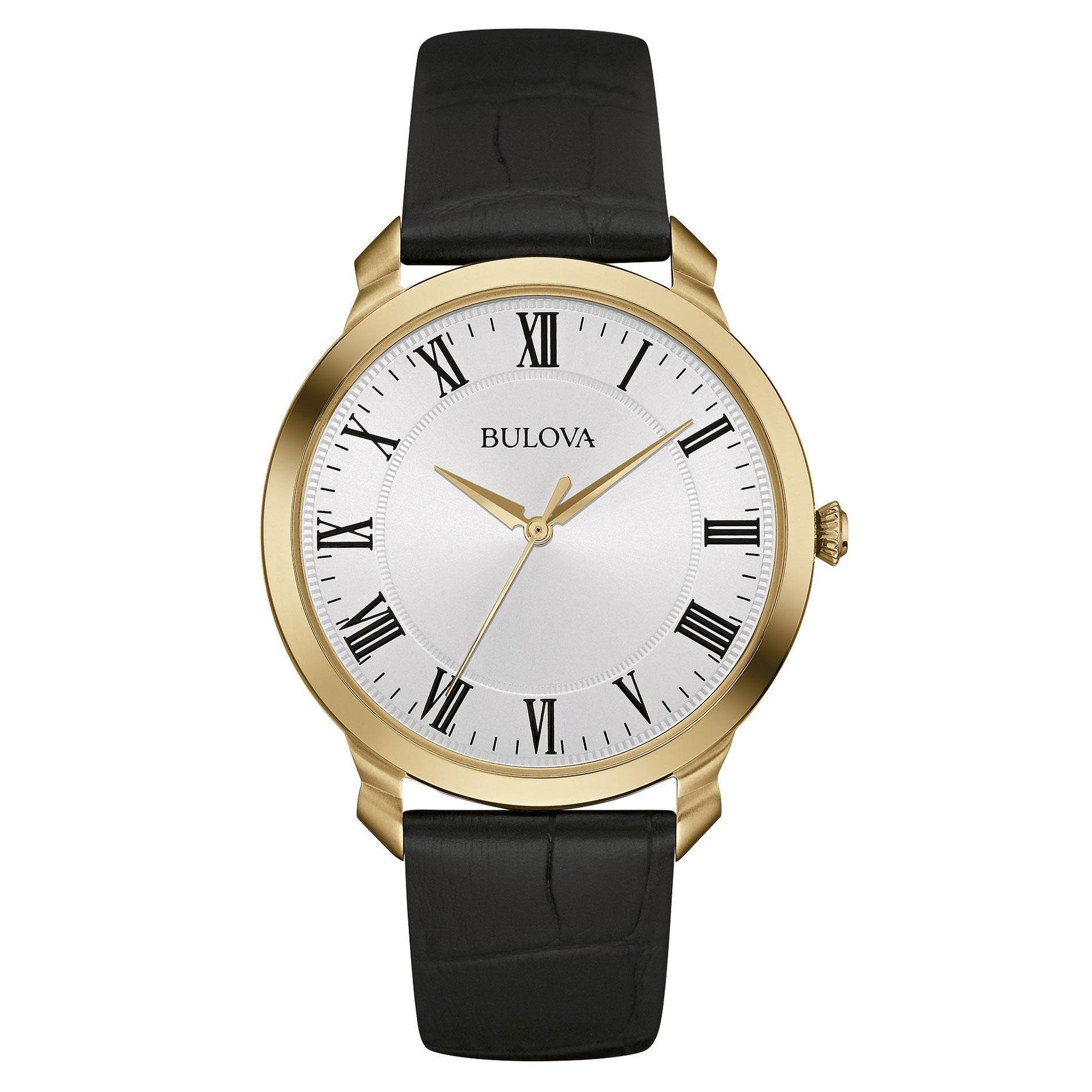 Bulova Reloj clásico para hombre con correa de cuero negro, cuarzo, 3 manecillas, marcadores de números romanos, 41 mm Estilo: 97A123