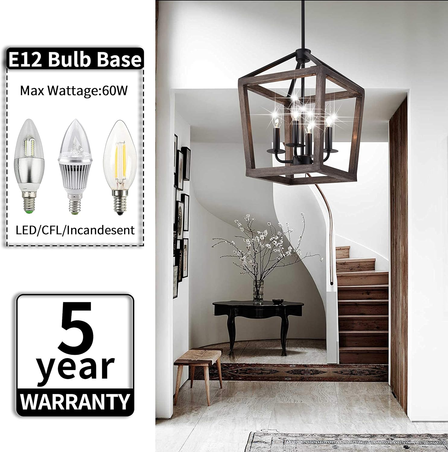 4-Light Chandelier Rustic Metal Pendant Light, Adjustable Height Lantern Hanging Light with Wood Finish, Farmhouse Lighting Fixtures for Living Room, Kitchen, Hallway and Entryway. - - 