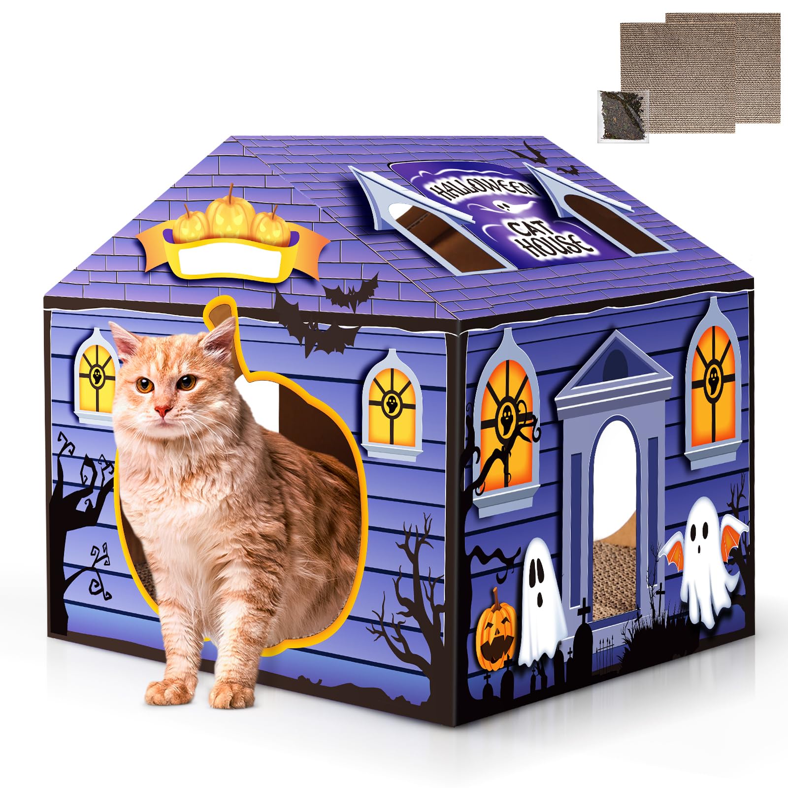 Photo 1 of Tailtastic Halloween Cardboard Cat House Playhouse with 2 Scratching Pads & Catnip - Indoor Cat Scratcher Hideaway for Kittens & Cats (14"x14"x13")