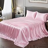 Vonty Satin Sheets Twin Silky Soft Satin Bed Sheets Pink Sheet Set, 1 Deep Pocket Fitted Sheet + 1 Flat Sheet + 1 Pillowcases