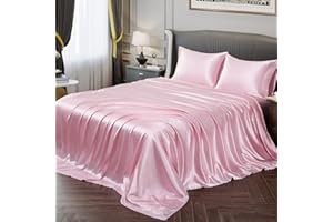 Vonty Satin Sheets Twin Silky Soft Satin Bed Sheets Pink Sheet Set, 1 Deep Pocket Fitted Sheet + 1 Flat Sheet + 1 Pillowcases