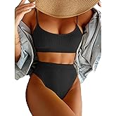 Lilosy High Waisted Tummy Control Ribbed Bikini Crop Top Brazilian Swimsuit Set 2 Piece