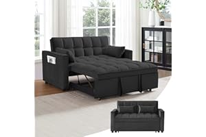 SumKea 55'' 3-in-1 Sleeper Loveseat, 2-Seater Pull Out Couch, Velvet Futon Sofa Adjustable Backrest, Reclining Sofa Bed with Pillows, Pockets, Perfect for Small Spaces, Living Room Furniture, Black