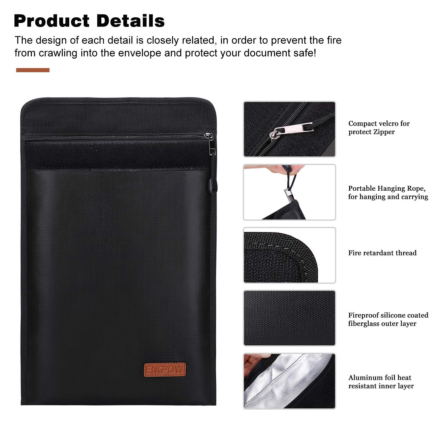 Fireproof Bag (11x15inch) ENGPOW Non-Itchy Silicone Coated Fire Resistant Money Bag Fireproof Safe Storage for Money,Documents,Laptop,Jewelry and Passport (Black)