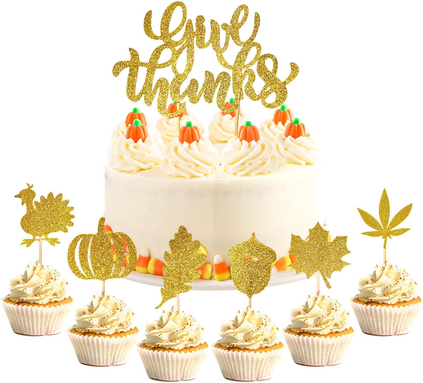 Whaline 37Pcs Fall Theme Cupcake Decoration Large Give Thanks Cake Topper Glitter Gold Turkey Maple Leaves Pumpkin Pinecone Food Picks for Autumn Thanksgiving Day Party Supplies