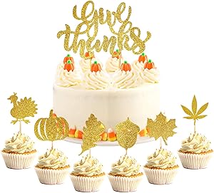 Whaline 37Pcs Fall Theme Cupcake Decoration Large Give Thanks Cake Topper Glitter Gold Turkey Maple Leaves Pumpkin Pinecone Food Picks for Autumn Thanksgiving Day Party Supplies