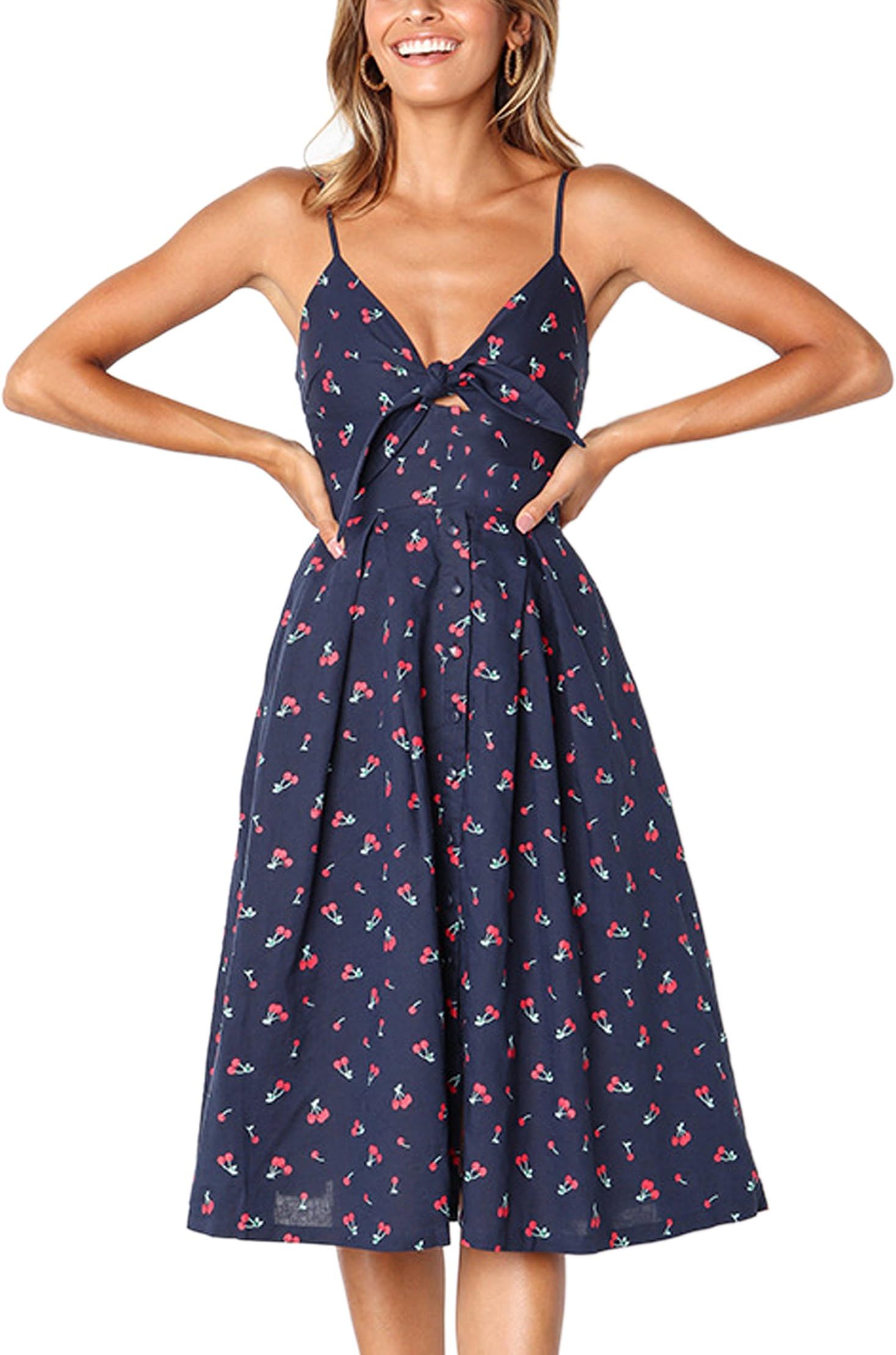 Women Dresses Summer Tie Front V-Neck Spaghetti Strap Button Down A-Line Backless Swing Midi Dress