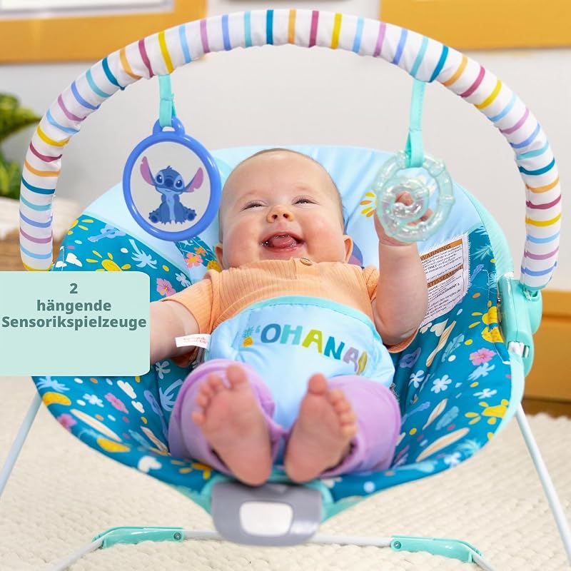 Disney Stitch Ohana Paradise Vibrierende Baby-Wippe, Abnehmbarer Spielbogen, 2 Spielzeuge enthalten, für 0-6 Monate