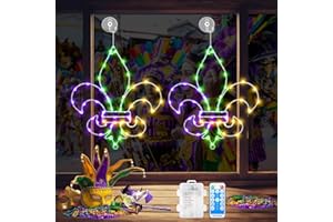 Rossesay 2 Pcs Mardi Gras Window Lights Mardi Gras Window Decorations Fleur De Lis Hanging Light up with Suction Cup Remote Control Battery Operated Indoor Outdoor Light for Home Decor