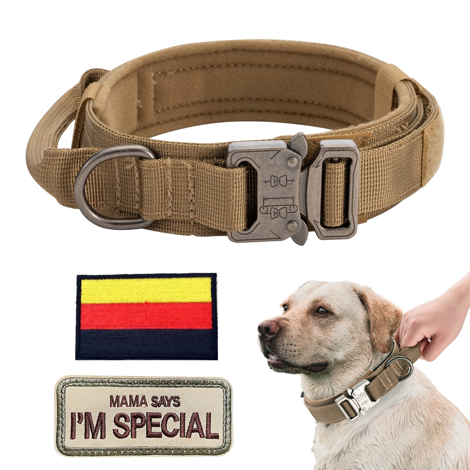 Adjustable Dog Collar with Control Handle, Tactical Collar Nylon, Dog Collar Padded, Metal Buckle, for Medium Large Dogs, Hunting Training, Outdoor, K9 Brown, L Wide
