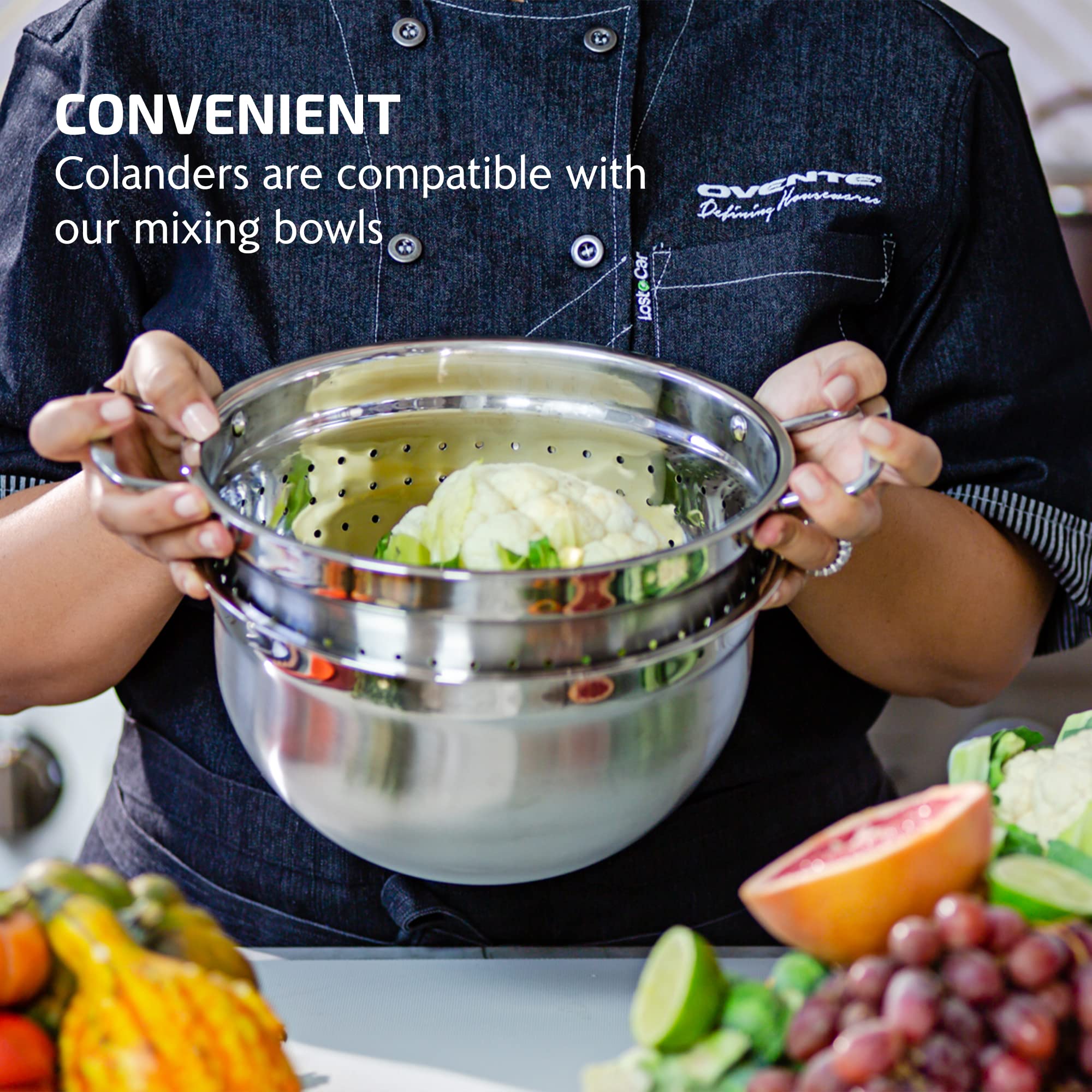 OVENTE Premium Stainless Steel Colander Set of 3 with Comfortable Large Handles, 1.5, 3, 5 Quarts Essential Kitchen Strainer for Draining Spaghetti Pasta, Rinsing Vegetables or Fruits, Silver C46263S