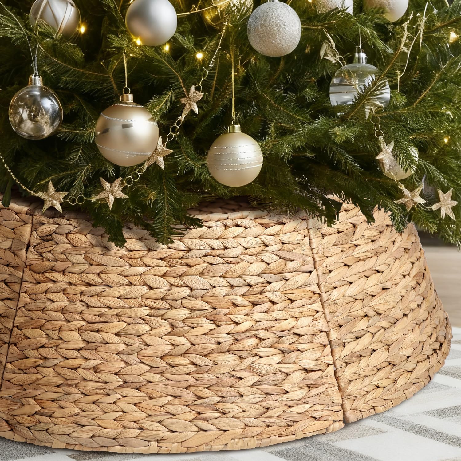 Photo 1 of 8-Piece Rattan Christmas Tree Collar - 42" Rustic Farmhouse Tree Skirt- Xmas Tree Base Cover for Christmas Decoration- Woven Holiday Tree Ring Accessory for Home, Living Room (Natural, 42 in)