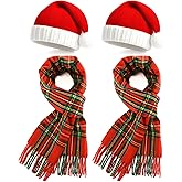 Coume Christmas Santa Hat and Scarf Set, Long Warm Winter Plaid Scarves, Knit Christmas Beanie Hat with Pompom for Women Men