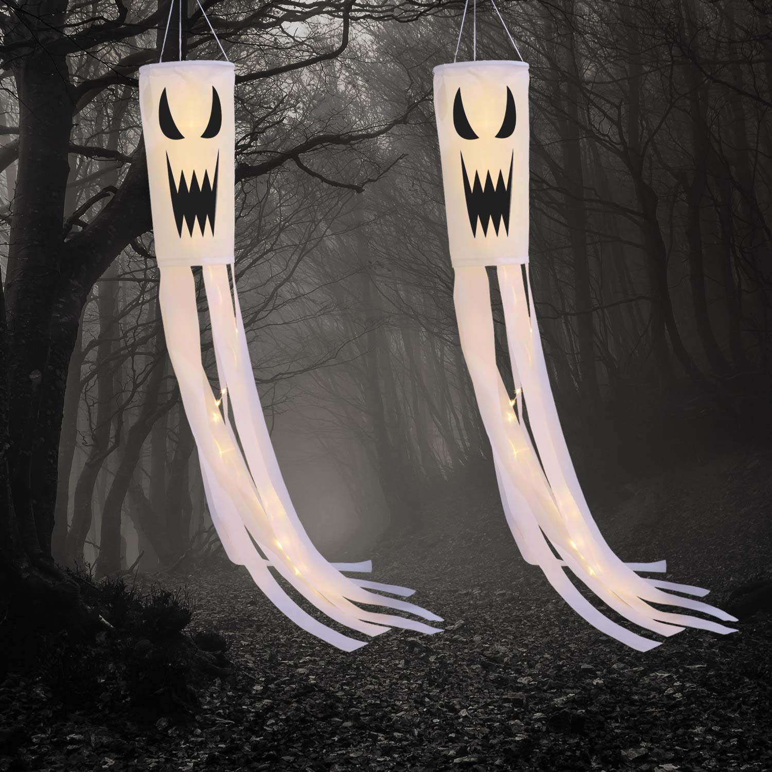 Frienda 2 Pack Halloween Ghost Windsock Flag with Warm White LED Lights Halloween Outdoor Hanging Decor for Yard Patio Garden Pathway Party Decoration