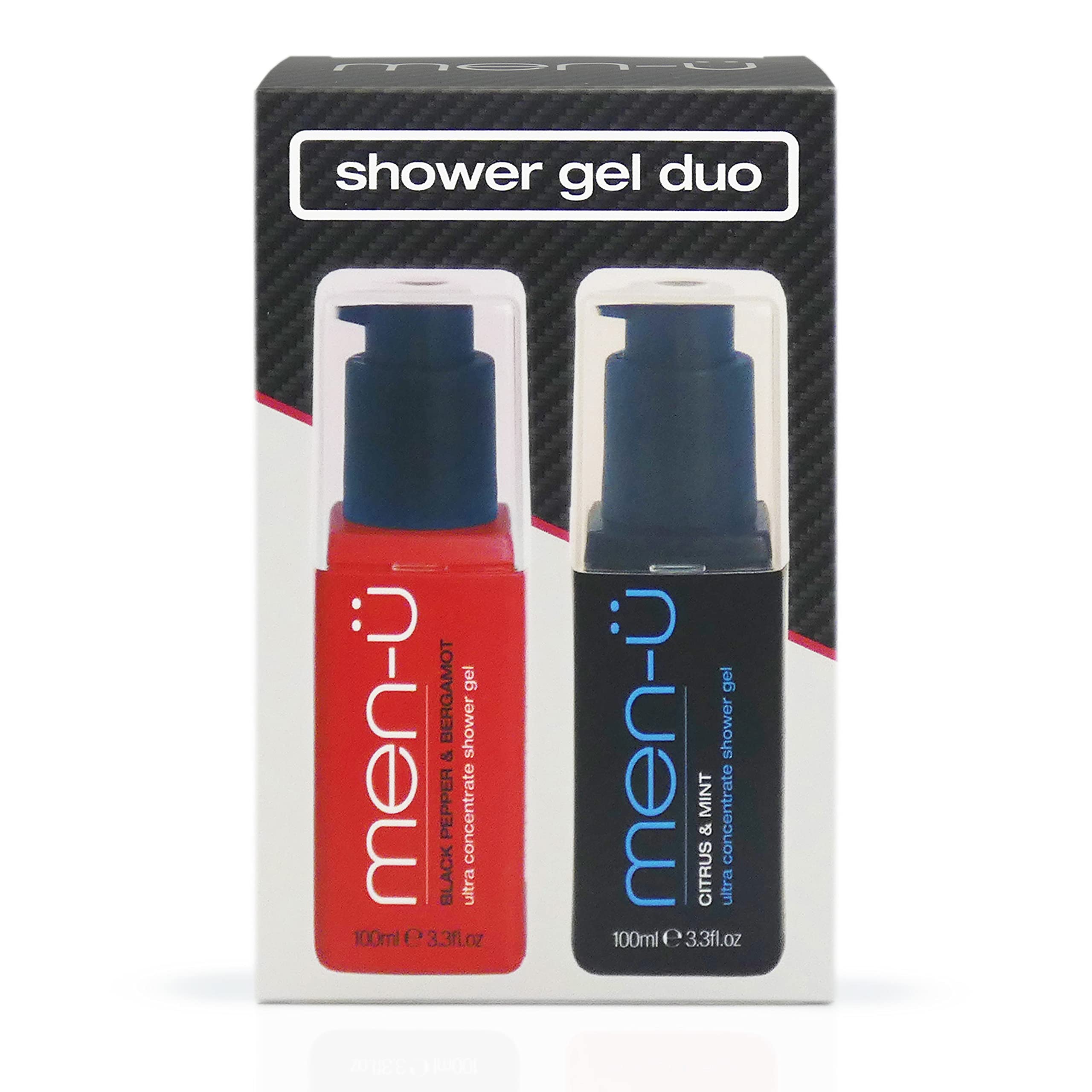 men-u gifts for men SHOWER GEL DUO – Ultra concentrate body wash men gift sets w/ 1x Black Pepper & Bergamot 100ml and 1x Citrus & Mint shower gel 100ml. Mens toiletries set with Vegan Shower gel