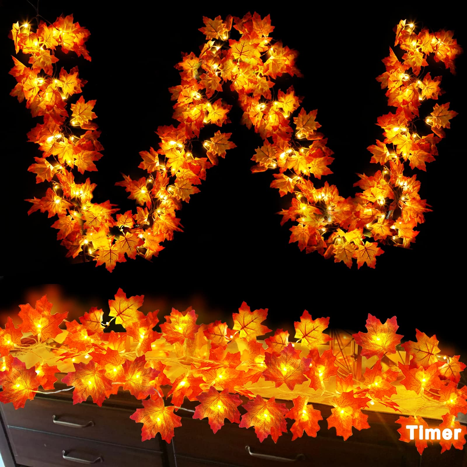 Photo 1 of Timer - 2 Pack Fall Garland with Lights Fall Halloween Decorations Indoor, Maples Leaves Lighted Halloween Garland Total 20Ft 40LED Battery Operated Autumn Thanksgiving Decor Indoor Outdoor Christmas