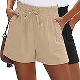 Neer 2 Pack Women’s Linen Shorts, Drawstring High Waisted Casual Summer Beach Wide Leg Lounge Comfy Shorts with Pockets
