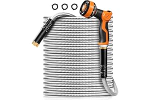 Omont Metal Garden Hose 50FT, Heavy Duty 304 Stainless Steel Water Hoses with Nozzle, Flexible Garden Hose, Lightweight, Rust Proof, No-Kink & Tangle for Yard, Outdoor, RV