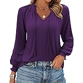 Uhiger Womens Tunic Tops 3/4 Sleeve Blouses for Women Dressy Casual V Neck Shirts Drawstring Smocked Top
