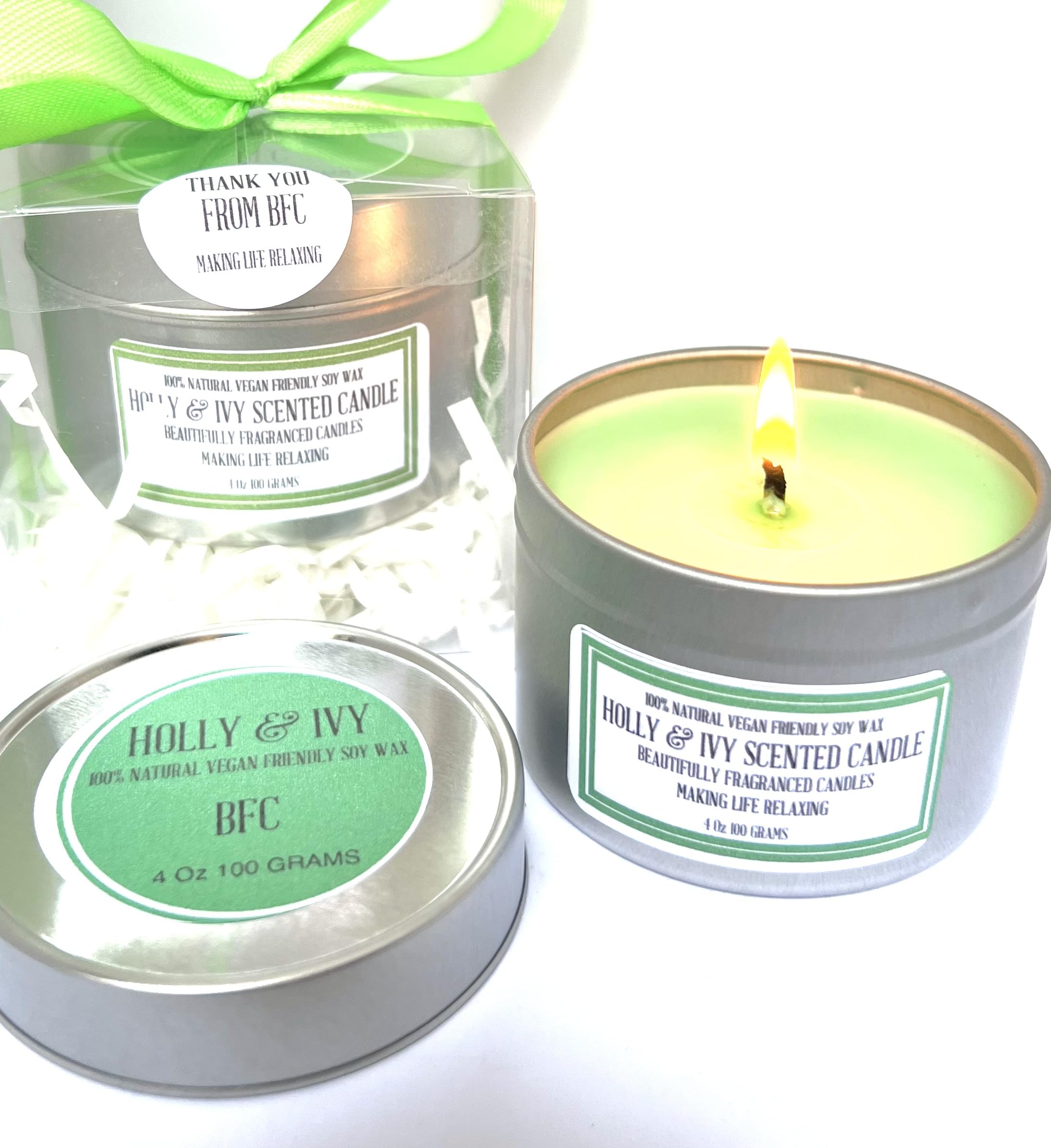 Holly & Ivy Scented Soy Wax Candle - Handmade BFC - Holly & Ivy Scented 28 Hours Burn Time 4 Oz 100 Grams Soy Wax Candle Silver Brush Finish Tin. Holly & Ivy Scented