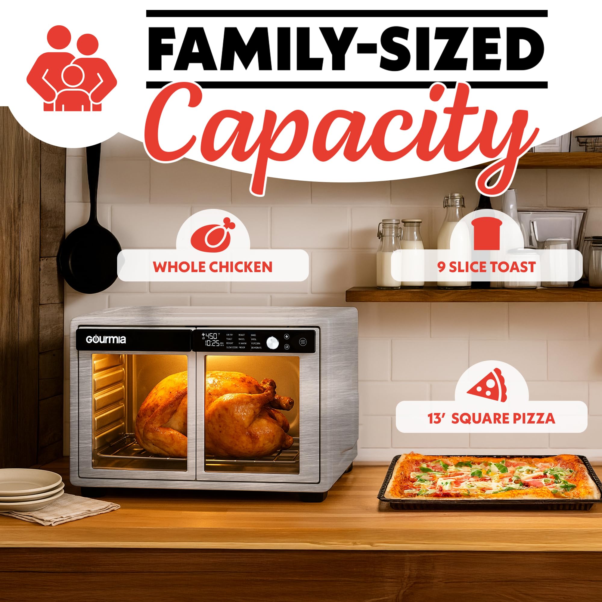 Horno freidora de aire digital Gourmia con puerta francesa - Capacidad XL 37QT, 12 presintonías, tecnología FryForce 360°, deshidratación, prueba, cocción lenta, se adapta a pizza de 13", 1700W, acero inoxidable