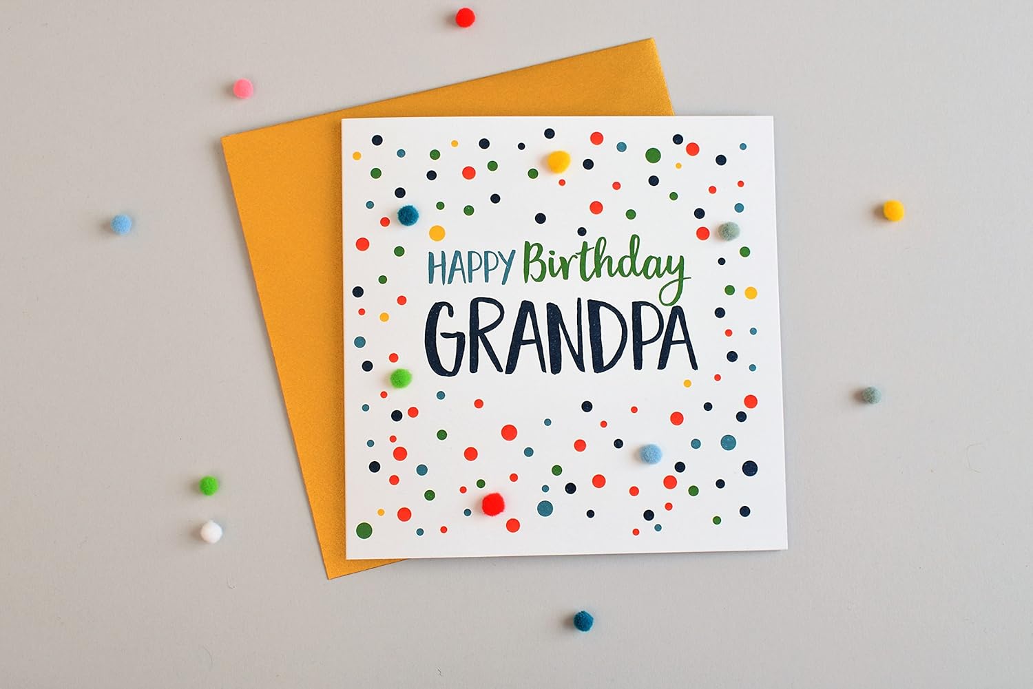 Claire Giles Greeting Cards, Happy Birthday Grandpa Card, Dots design Birthday Greeting Card, Embellished with colourful Pompoms - Image 4