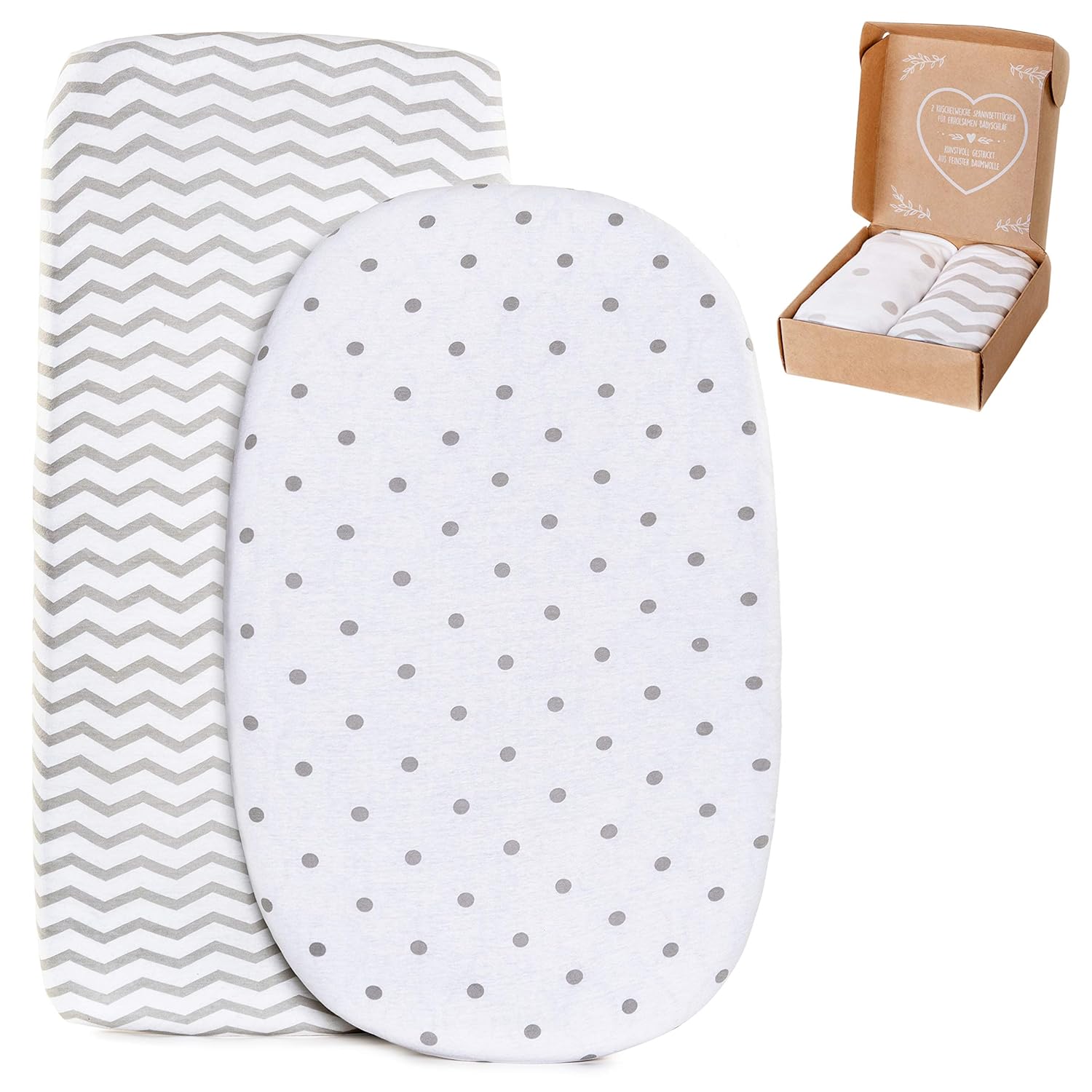 2 x Spannbettlaken für Kinderwagen, Beistellbett, Wiege und Stubenwagen - OEKO-Tex 100% Jersey Baumwolle - kuschelweiche Spannbetttuecher (Zig-Zag Punkte Grau Weiss, 90 x 40, 90 x 50 cm)