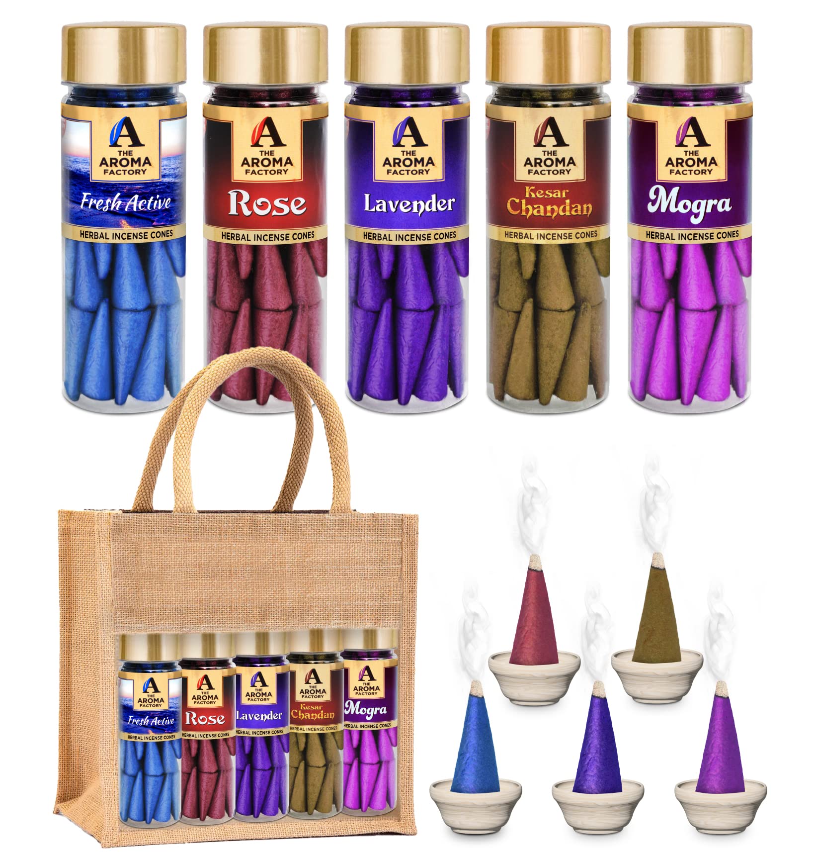 The Aroma Factory Organic Incense Cones No Charcoal | No Bamboo | Non Toxic | Assorted Herbal Dhoop, 5x30 Cones Jute Gift Set with Holder (Fresh Flowers)