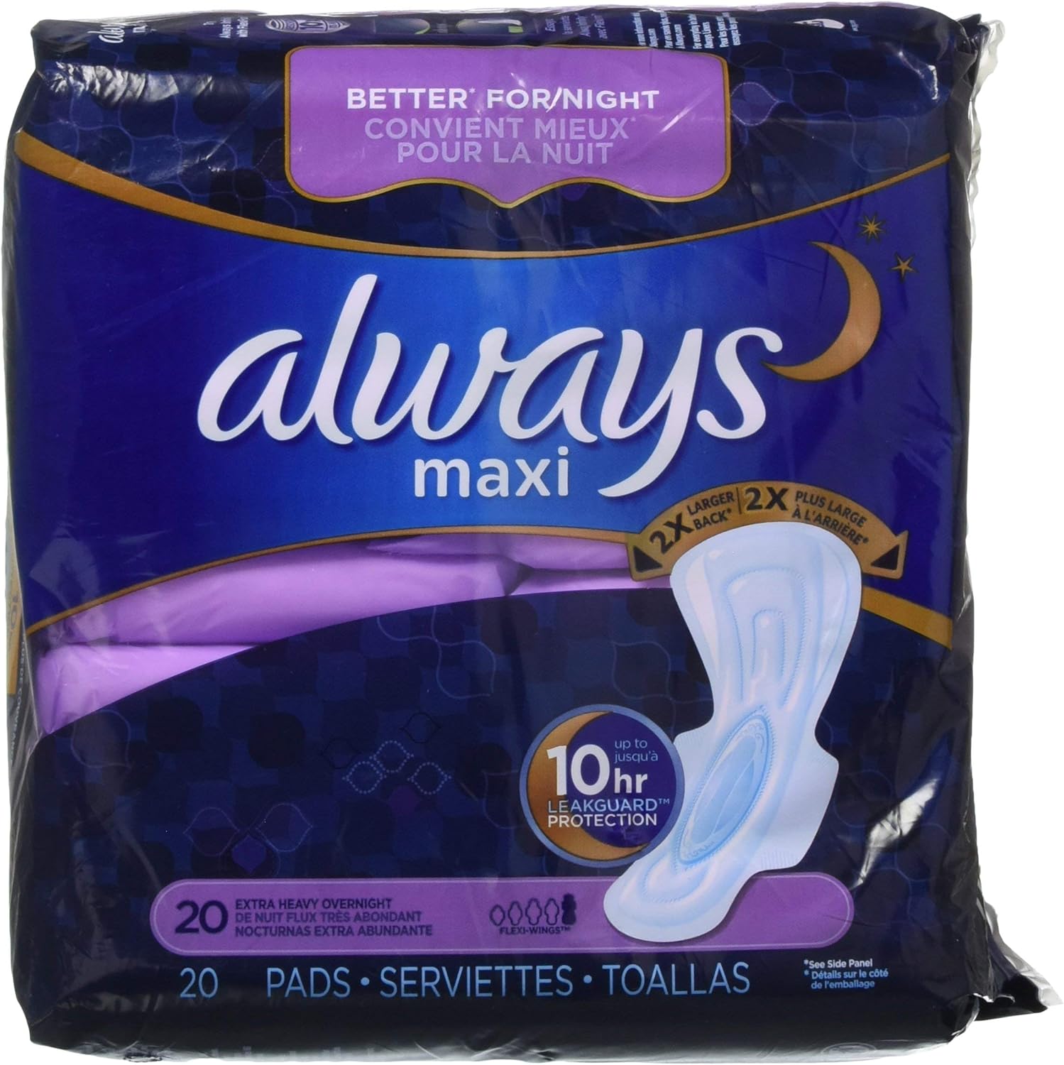 Always Extra Heavy Overnight Maxi Pads with Flexi-Wings - 20 Count (2 Pack) (Packaging may vary): Health & Personal Care