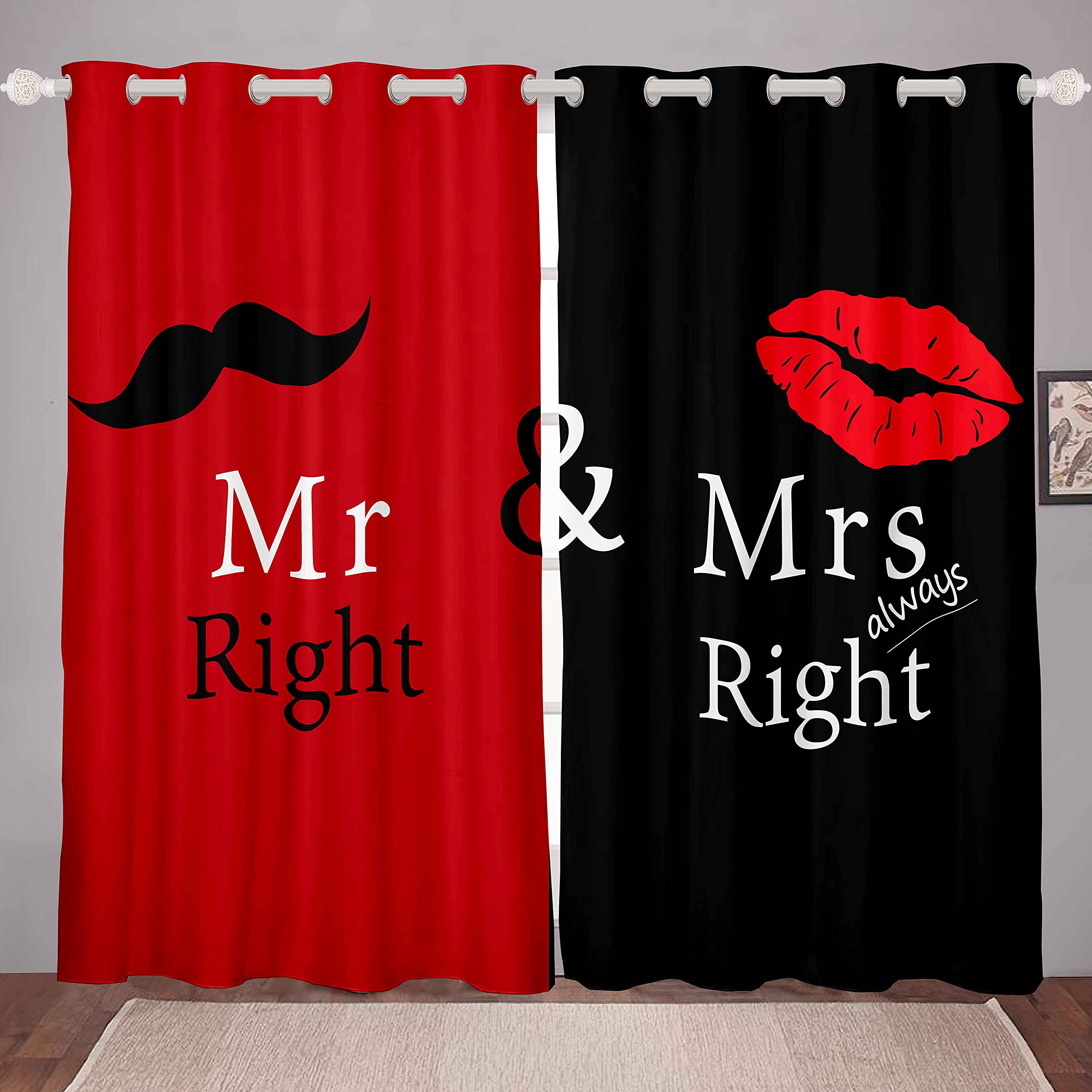 Mr Mrs Curtain Black Red Creative Window Curtain Love Man Mustache Woman Lip Romance Funny White Quote For Boys Girls Lover Couple Valentine Day for Bedroom Living Room W46*L54 — image 1