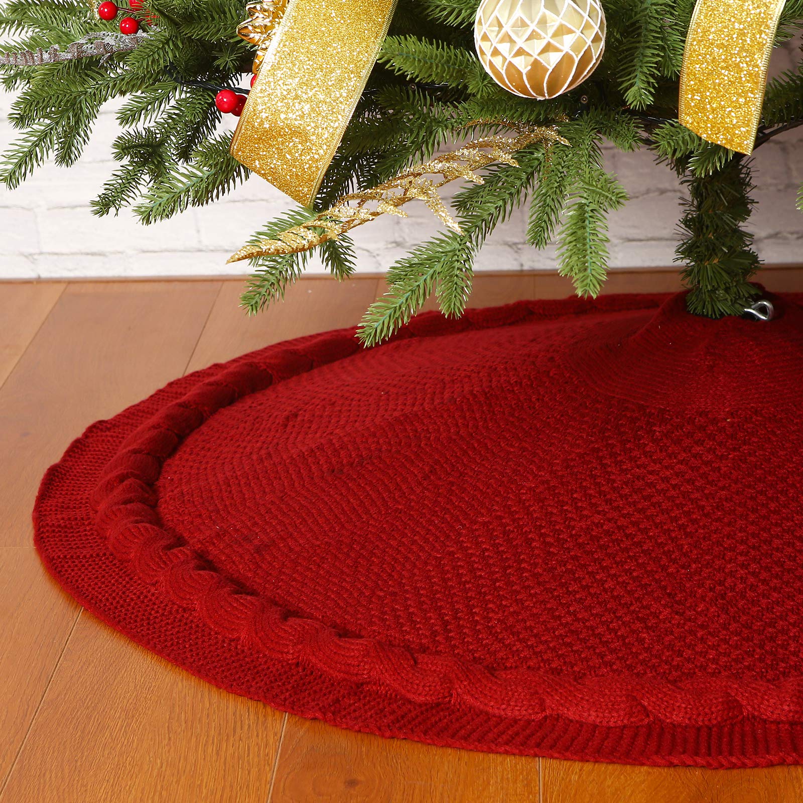 Photo 1 of Sattiyrch Christmas Tree Skirt, 36 inches Luxury Cable Knit Knitted Thick Rustic Xmas Holiday Decoration, Burgundy (36in)