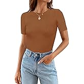 MEROKEETY Women's Short Sleeve Crewneck Bodysuits Summer Ribbed Knit Tops Slim Fit Body Suit