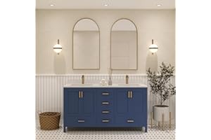 Ayna Decors Rooh 60 in Navy Blue Double Sink Bathroom Vanity Set with White Quartz Countertop | 4 Soft Closing Doors | 5 Full Extention Soft Close Drawer | Gold Hardware