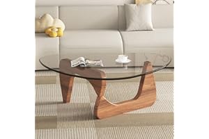 EASYSOUL Modern Glass Coffee Table, 32.68" D x 22.44" W x 15.75" H, Abstract Round Tea Tables for Living Room Home Office Industrial Cocktail Tables (Walnut-Clear Glass, 32.68")