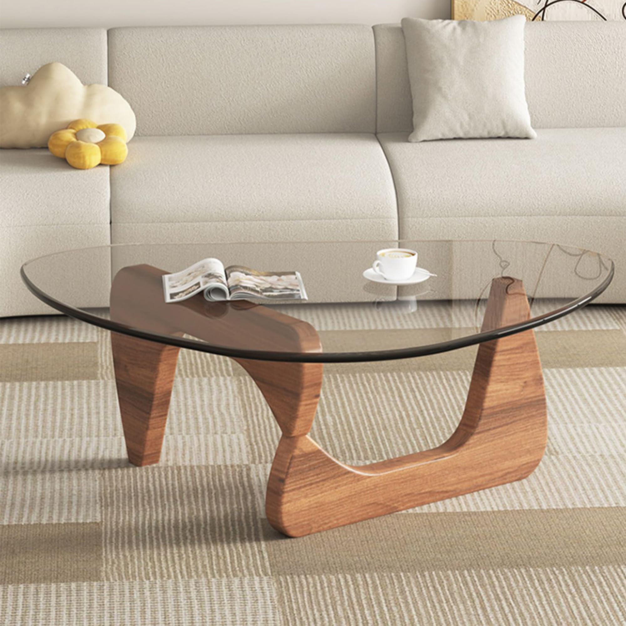 Photo 1 of EASYSOUL Modern Glass Coffee Table, 44.88" D x 32.28" W x 15.75" H, Abstract Round Tea Tables for Living Room Home Office Industrial Cocktail Tables (Walnut-Clear Glass, 44.88")