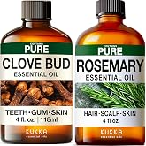 Clove Oil for Oral Care &amp; Rosemary Oil for Hair Set - Aromatherapy Grade Essential Oils Set - 2x4 fl oz - Kukka