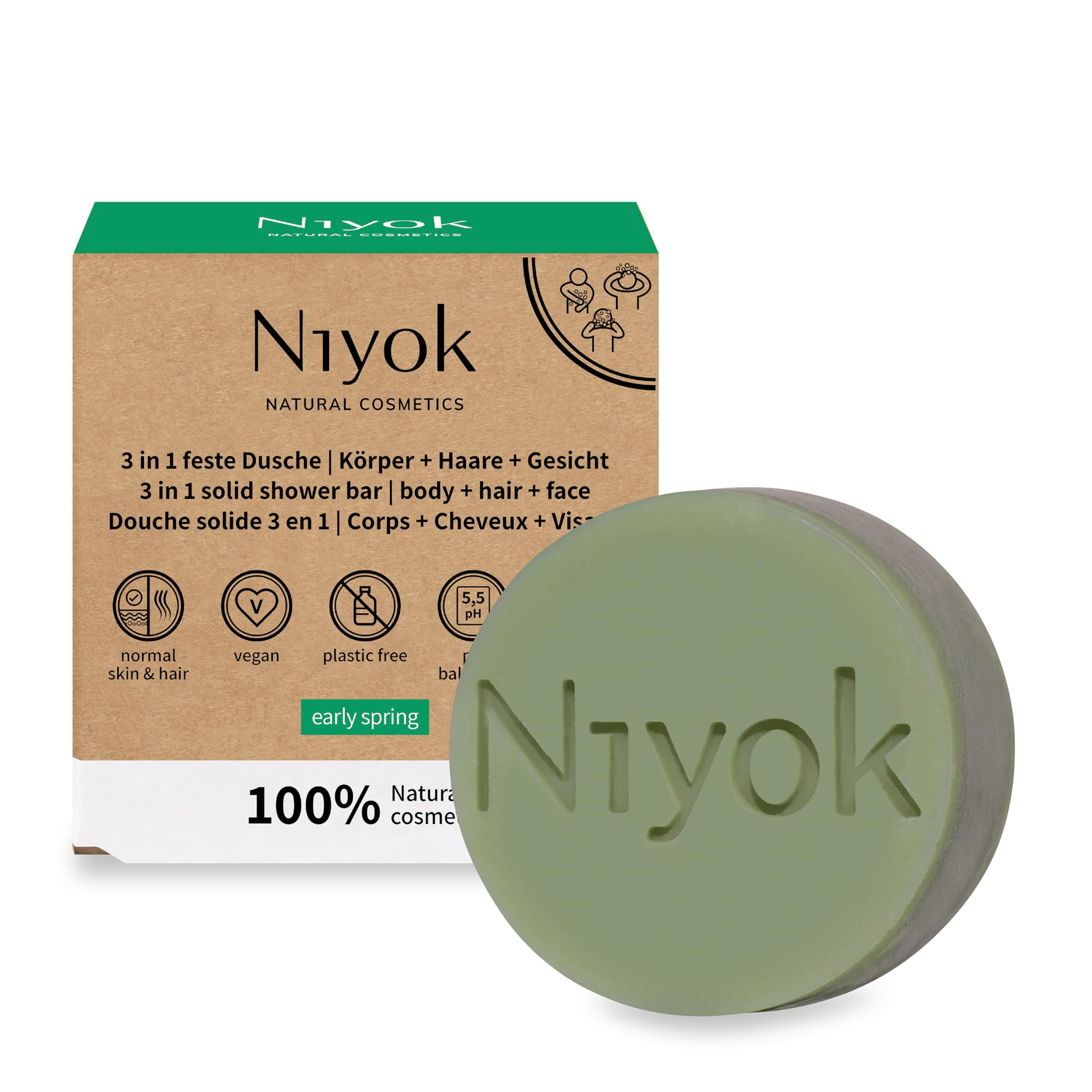 Niyok® 3 in 1 Solid Shower Gel Shampoo Facial Cleansing Vegan Organic Plastic-Free Normal to Fine Hair Like Soap Only Skin-Neutral pH 5.5 Natural Cosmetics Early Spring (80 g)