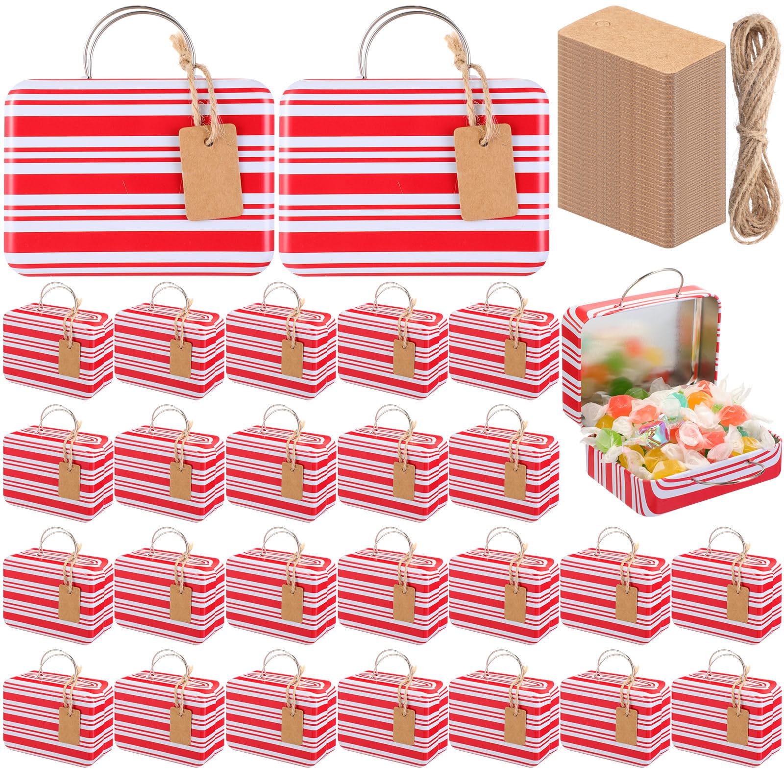 Photo 1 of 24 Pieces Mini Christmas Suitcase Boxes, Tin Plate Candy Party Favor Gift, Small Suitcase Box for Party Wedding Travel Bride Shower Decoration, with Labels and Hemp Rope(Line)