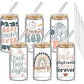 SiliFine 6 Pcs Teacher Gifts for Women Bulk 16 oz Christmas Teacher Appreciation Glass Cups with Bamboo Lid and Glass Straw Can Shaped Drinking Cups for Party Favor Supplies