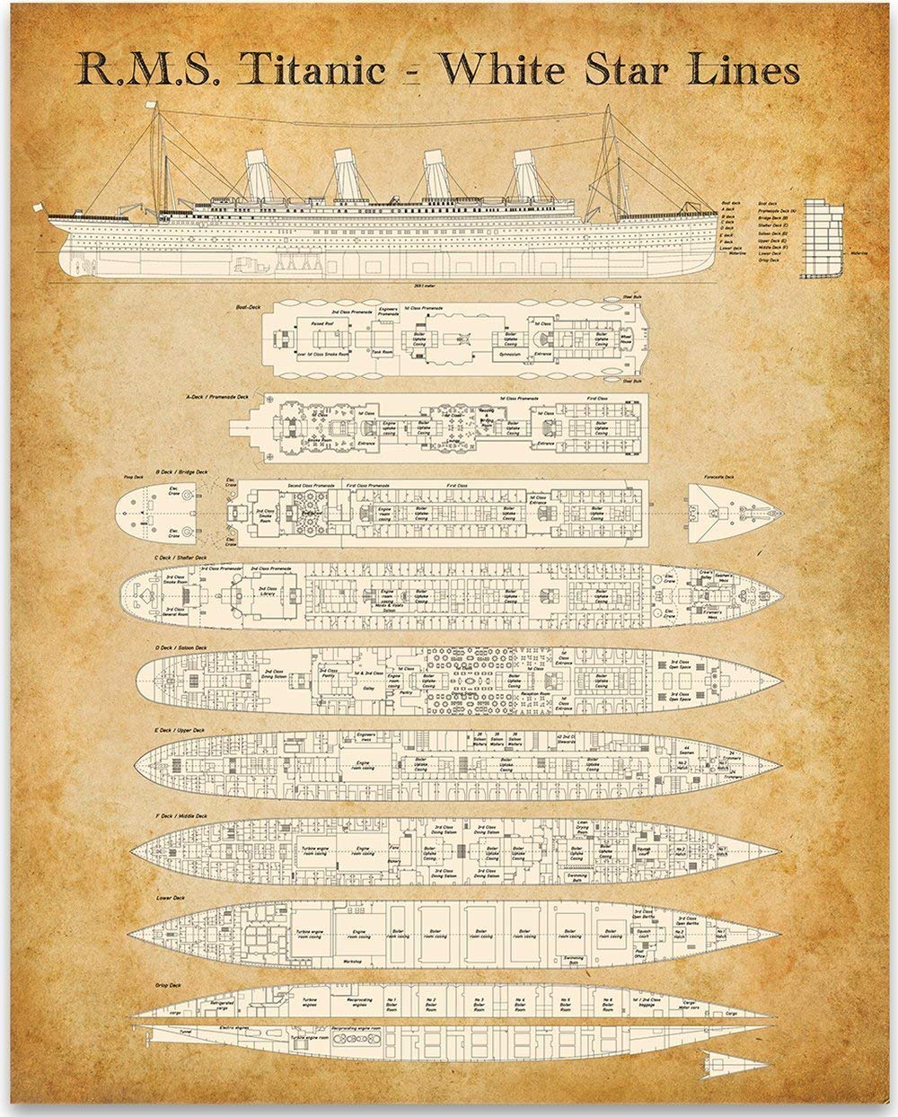R. M. S. Titanic White Star Lines Deck Plan 11x14