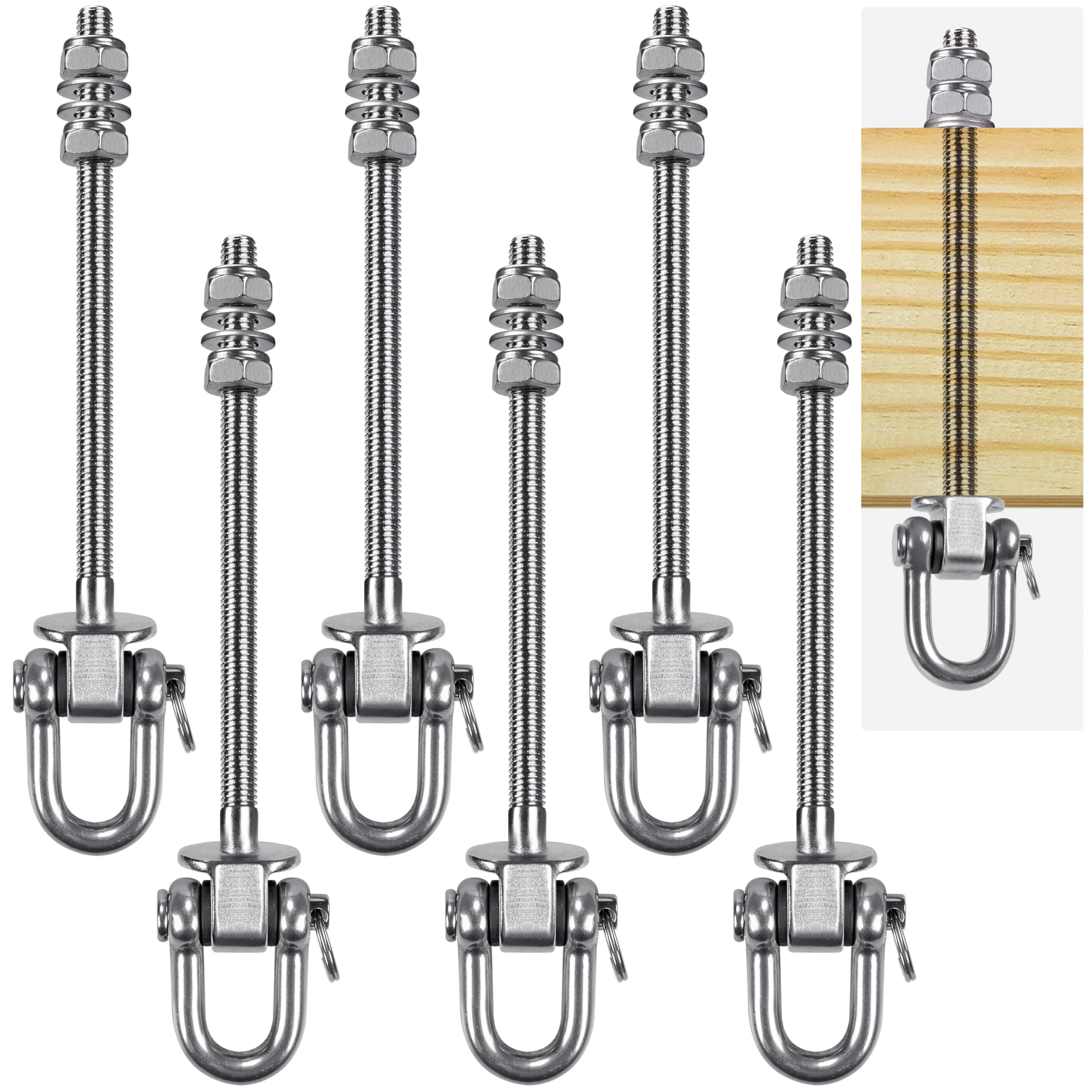 SELEWARE Heavy Duty Swing Hooks, 6 Pcs Antirust Stainless Steel Beam Hanger For Wood and Steel Beam Yoga Hammock Chair Porch Swing Sets Seat, 1800LB Capacity Swing Hangers 9.3"
