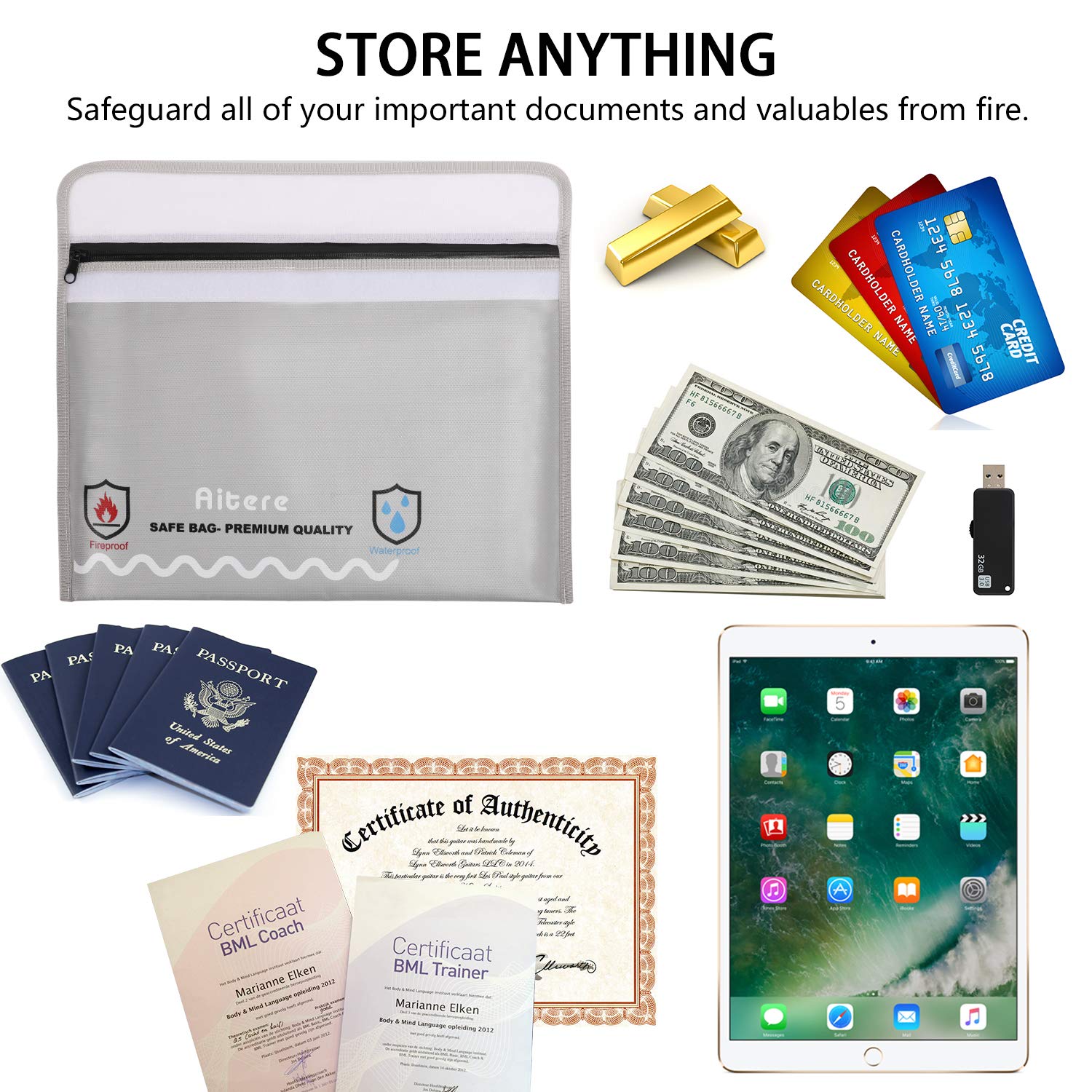 Aitere Fireproof Safe Document Bag- New Version Fireproof Envelope for Documents Non-Itchy Liquid Silicone Coated Fire & Water Resistant Money Bag Fireproof Safe Storage for Money, Documents, Jewelry