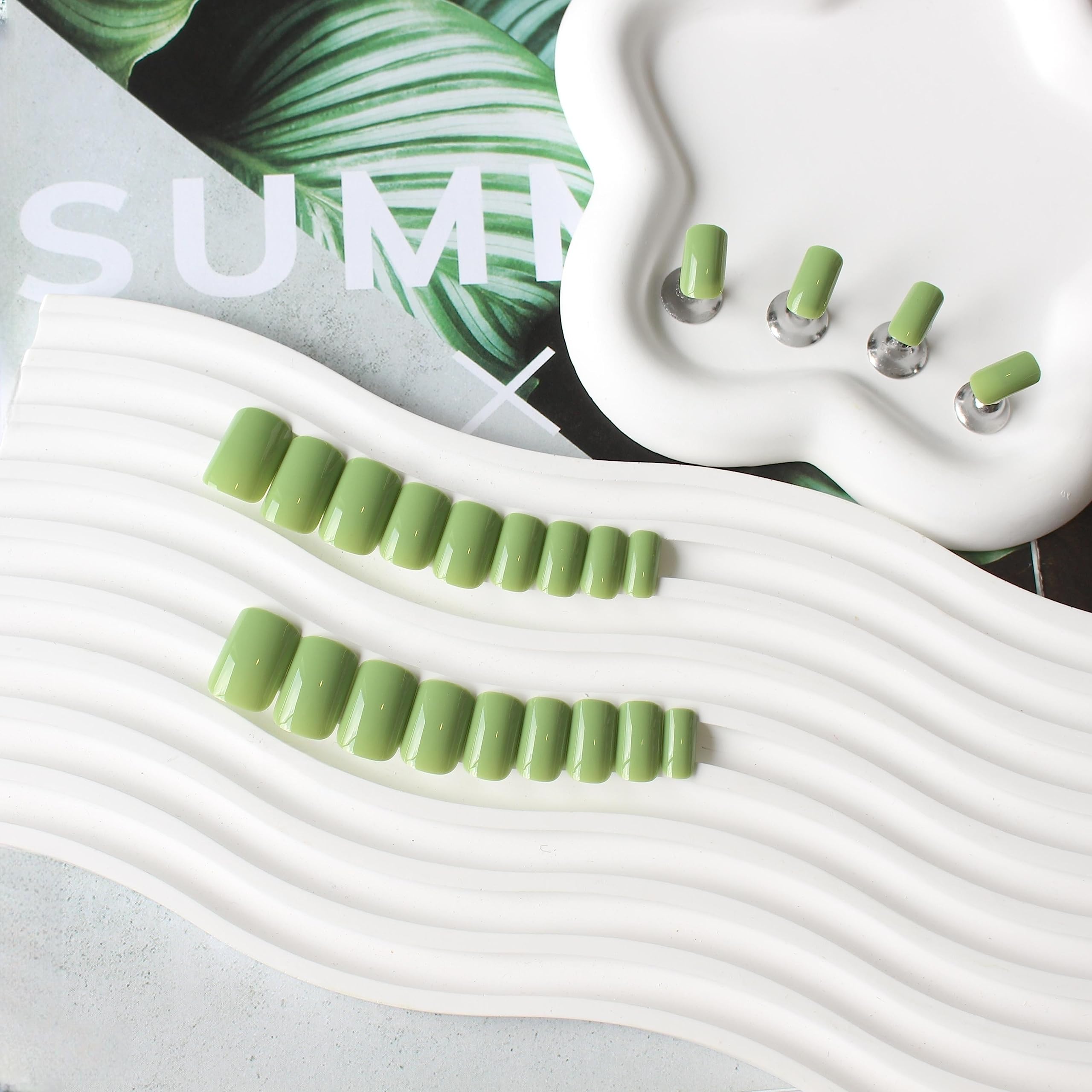 Green Press on Nails Medium Square KXAMELIE Natural Acrylic Glue on Nails Medium Length Coffin Nails Press ons Short Gel Nails Reusable Fake Nails 2024 Trendy Solid Color False Nails 24Pcs - Image 2