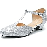 MAIERNISI JESSI Women's T-Strap Mary Jane Pumps, Low Block Heel, Closed Toe, Buckle Ankle Strap