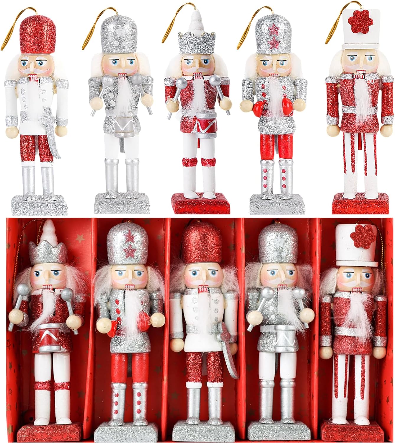 Nutcrackers - AMOR PRESENT Christmas Nutcracker Ornaments Set, 5PCS Wooden Nutcracker Figurines Hanging Decorations for Christmas Tree Figures Puppet Toy Gifts