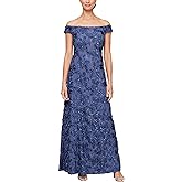 Alex Evenings Womens Long Rosette Off The Shoulder A-line Dress, Formal Event, Weddings (Petite and Regular Sizes)