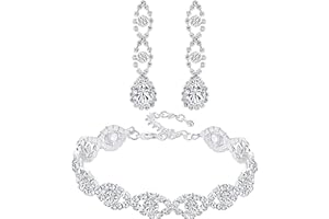 Paxuan Silver/Gold Plated Bridal Wedding Rhinestone Earrings Bracelet Set for Wedding Brides Bridesmaids Crystal Stone Dangle Drop Earrings Link Tennis Bracelet Set for Women Wedding